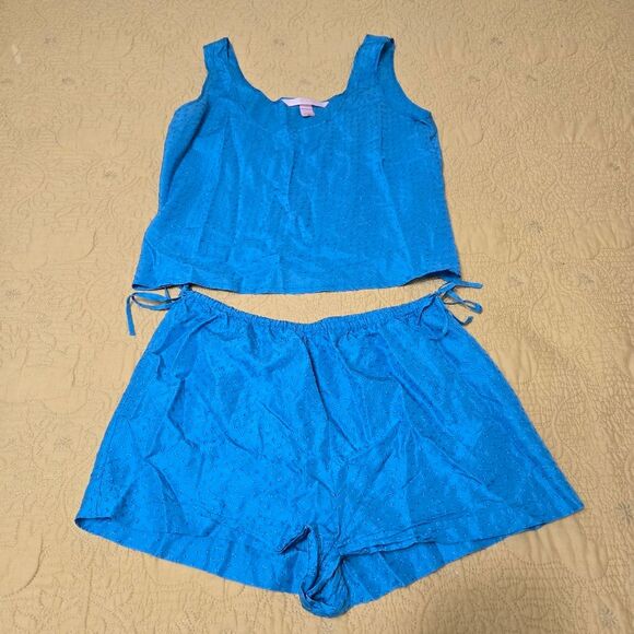 Vintage 90’s Victoria’s Secret PJ Set S Blue Floral Tank Micro Shorts Eyelet - Picture 1 of 9